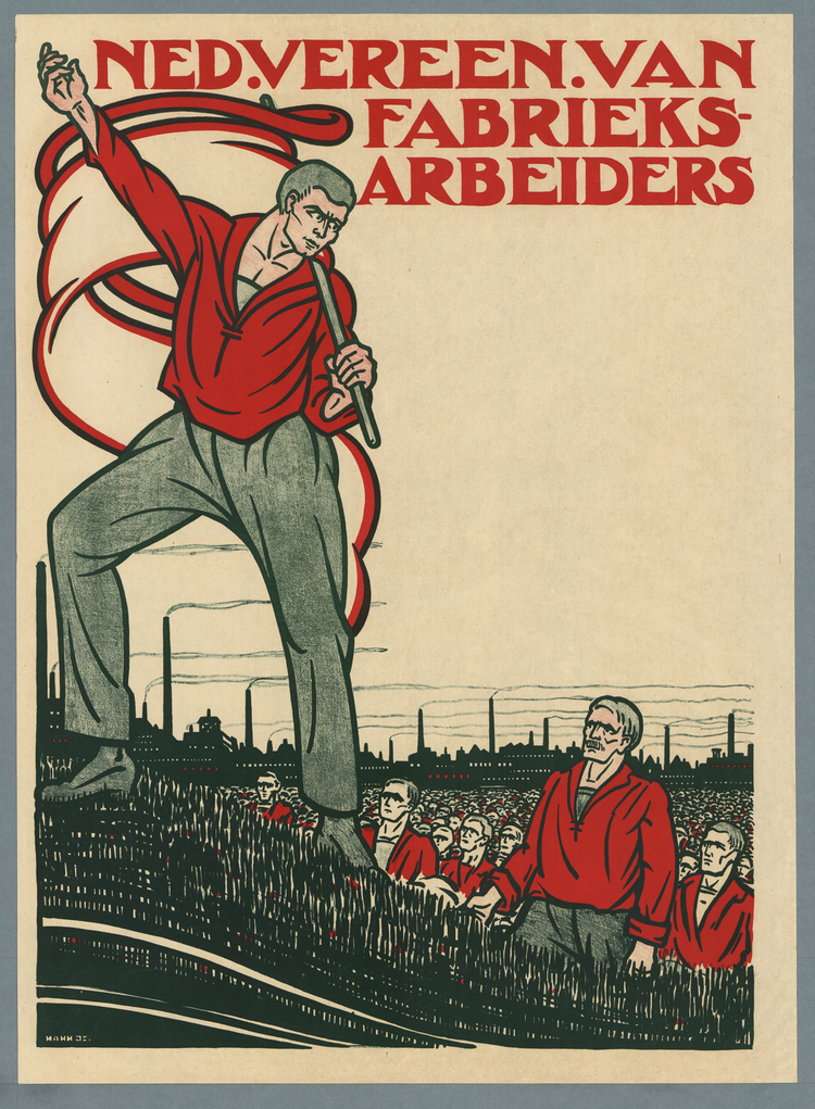 Affiche voor de Ned. Ver. van Fabrieksarbeiders, door Albert Hahn (1925), bron: Nederlandse Affiches, IISG.   