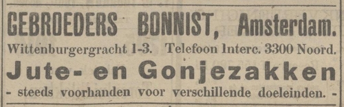 Adv. voor de Gebroeders Bonnist, Wittenburgergracht 1- 3, bron: Provinciale Drentsche en Asser courant van 04-03-1916  