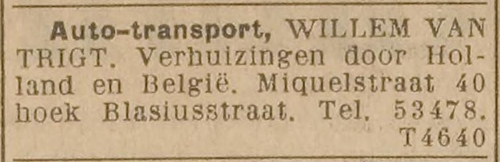 Verhuizingen Van Trigt, Miquelstraat 40. Bron: De Courant Het nieuws van den dag van 15-10-1926.  