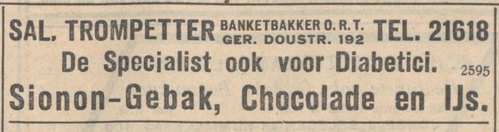 Advertentie voor banketbakker Sal. Trompetter, bron: het NIW van 9 september 1932   