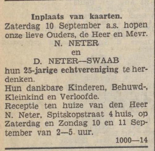 Familiebericht over het a.s. 25-jarige huwelijksjubileum van Nathan en Duifje, bron: Utrechts volksblad : sociaal-democratisch dagblad van 09 september 1938  