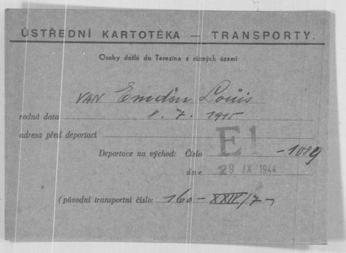 Transportkaart van Louis van Emden in het Tsjechisch, deportatie vanuit Terezin of Theresiënstadt ‘richting het Oosten’, bron Arolsen Archives  