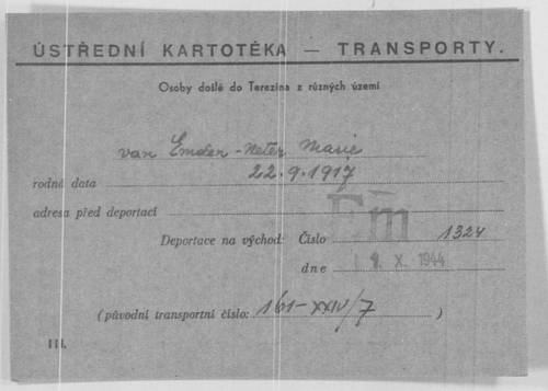 Transportkaart in het Tsjechisch van Marie van Emden - Neter, deportatie vanuit Terezin of Theresiënstadt ‘richting het Oosten’, bron Arolsen Archives  