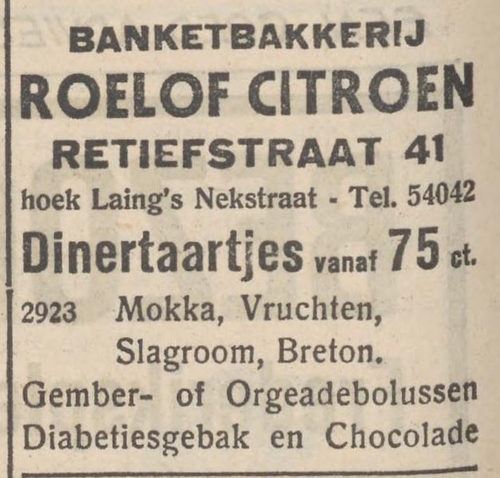 Advertentie voor Banketbakkerij Roelof Citroen in de Retiefstraat, bron: het NIW van 15-09-1933  