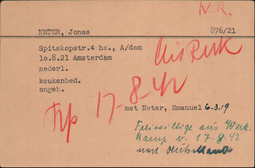 Kaart Joodse Raad van Jonas Neter, bron: Arolsen Archives  