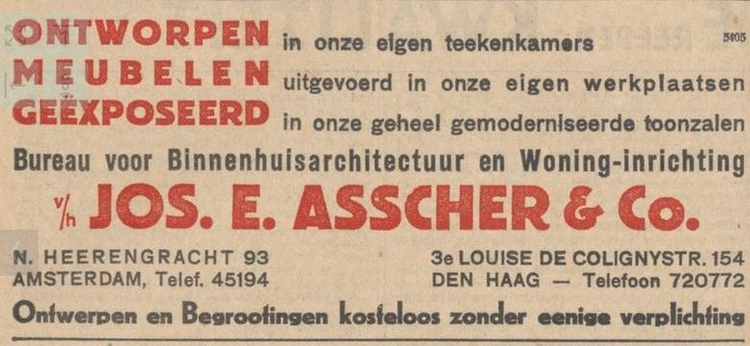 Advertentie voor Asscher, bureau voor binnenhuisarchitectuur en woninginrichting a/d Nieuwe Herengracht 93, bron: het NIW van 3 april 1936  