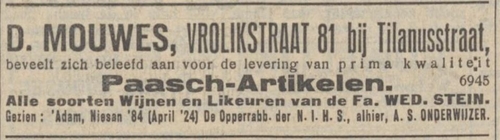 Advertentie voor de winkel (Paasch artikelen) van D. Mouwes, Vrolikstraat 81, bron: het NIW van 11 april 1924.  