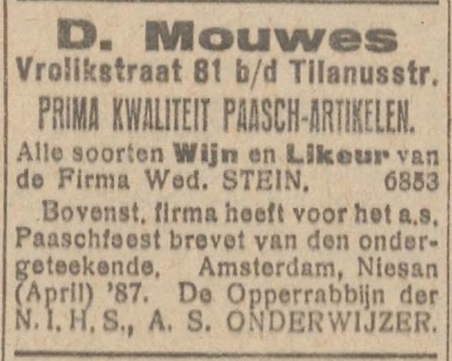 Advertentie voor de winkel (Paasch artikelen) van D. Mouwes, Vrolikstraat 81, bron: het NIW van 8 april 1927.  