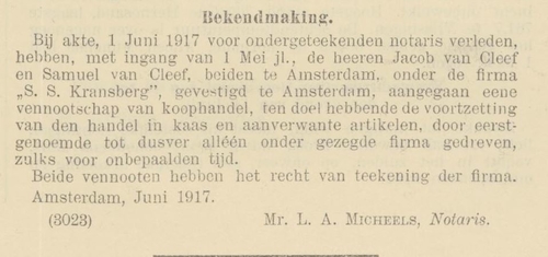Over het aangaan van een Vennootschap door de heren Cleef onder de naam S.S. Kransberg, bron: Nederlandsche staatscourant van 13-06-1917.  