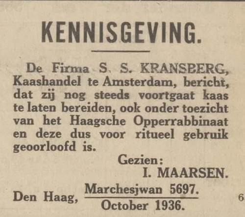 S.S. Kransberg onder Rabbinaal toezicht Den Haag, bron: Centraal blad voor Israëlieten in Nederland van 29-10-1936  