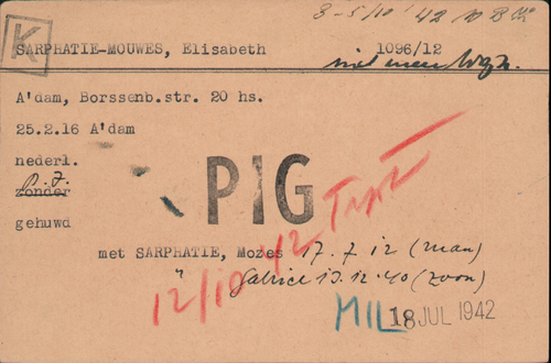 Joodse Raadkaart van Elisabeth Sarphatie – Mouwes, bron: Arolsen Archives  
