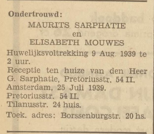 Familiebericht over de ondertrouw van Maurits en Elisabeth, bron: Het Volk van 26 – 07 – 1939   