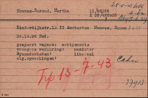 Kaart Joodse Raad van Martha Mouwes - Barend, bron: Arolsen Archives  