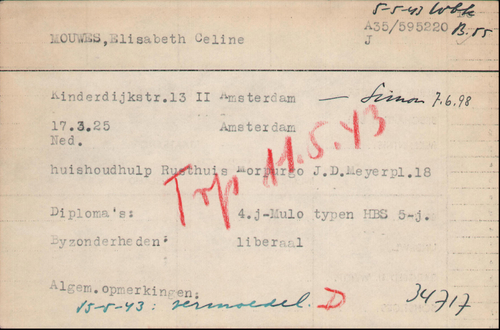 Kaart Joodse Raad van Elisabeth Celien Mouwes, bron: Arolsen Archives  