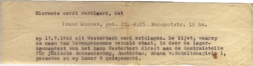 Ontslagbriefje van Isaäc Mouwes uit Westerbork. Bron: Joods Monument Zaanstreek  