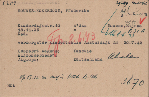 Kaart Joodse Raad (2) van Fredrika Mouwes - Kokernoot, bron: Arolsen Archives  