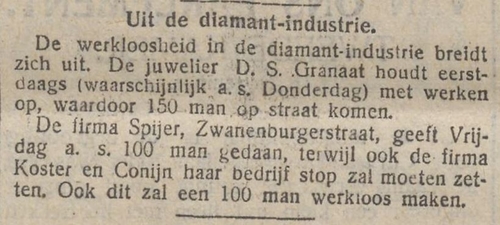 Artikel over de werkloosheid in de diamantindustrie, waaronder bij D.S.Granaat, bron: De Tĳd: godsdienstig – staatkundig dagblad van 19-11-1907   