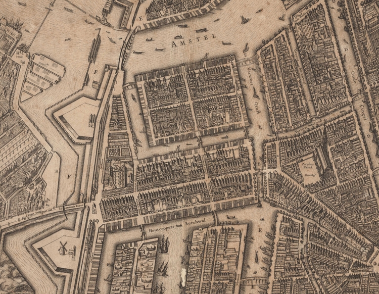 Kaart (fragment) van het Waterlooplein uit 1625 toen het nog Vlooienburg heette, zonder een nauwkeurige bronvermelding. Bron: website Gemeente Amsterdam  