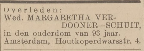 Overlijdensadvertentie voor Margaretha Verdooner – Schuit, bron:  Centraal blad voor Israëlieten in Nederland van 23-12-1937  