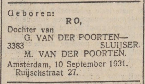 Geboorte van dochter Ro, bron: het NIW van 11 september 1931  