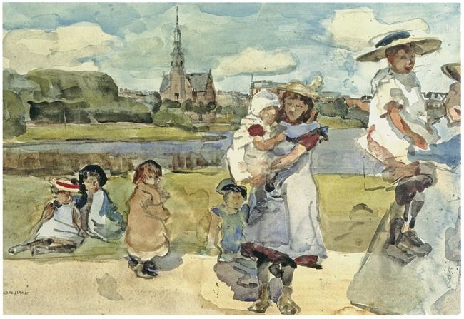 Spelende kinderen in het Oosterpark met op de achtergrond de Muiderkerk. Isaac Israels (1865-1934) aquarel, rond 1894  