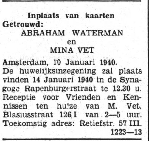Aankondiging huwelijk Abraham Waterman en Mina Vet, bron: Het Volk: dagblad voor de arbeiderspartĳ van 10-01-1940  