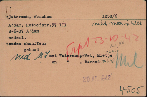Kaart Joodse Raad 1 Abraham Waterman, bron: Arolsen Archives  