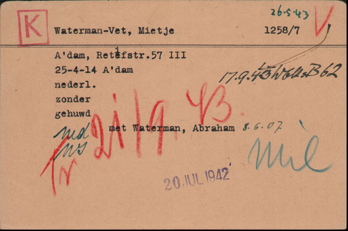 Kaart Joodse Raad van Mietje Waterman Vet, bron: Arolsen Archives  