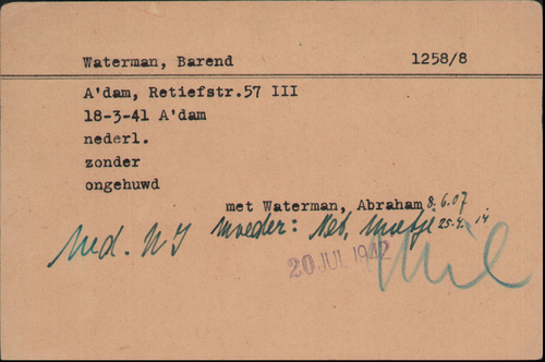 Kaart Joodse Raad van kleinzoon Barend Waterman, bron: Arolsen Archives  