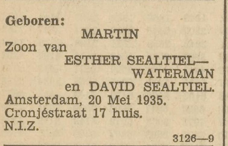 Familiebericht over de geboorte van Martin Sealtiel op 19 dan wel 20 mei 1935, bron: Het Volk van 20 mei 1935.    