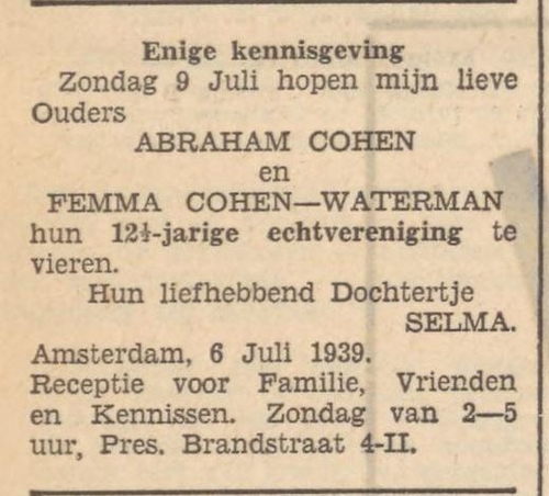 Selma viert het 12 ½ jarig huwelijksfeest van haar ouders, bron: het Zaans volksblad: sociaal-democratisch dagblad van 06 juli 1939  