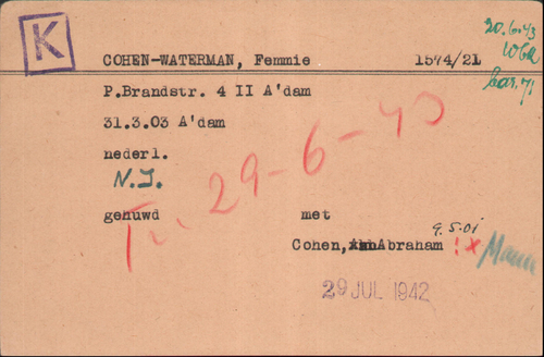 Kaart Joodse Raad van Femmie Cohen – Waterman, bron: Arolsen Archives  
