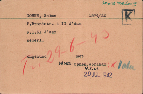 Kaart Joodse Raad van Selma Cohen, bron: Arolsen Archives  