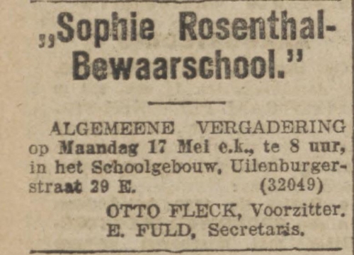 Het adres van de Sophie Rosenthal Bewaarschool in de Uilenburgerstraat 29-E, bron: Algemeen Handelsblad van 6 mei 1920  