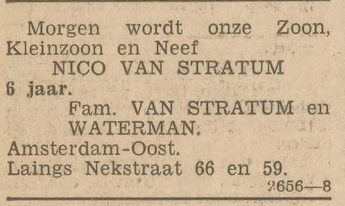 Zoon, kleinzoon en neef Nochum van Stratum, hier Nico genoemd, wordt zes jaar oud, bron: Het Volk van 12 april 1934.  