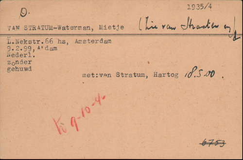 Joodse Raadkaart van Mietje van Stratum – Waterman, bron: Arolsen Archives  