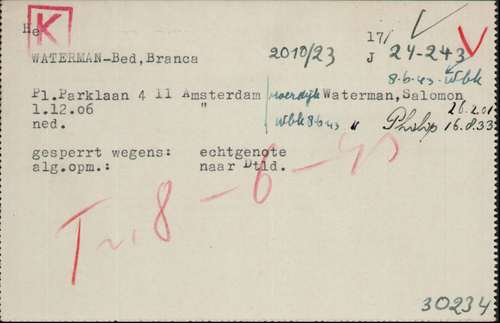 Kaart Joodse Raad Branca Waterman – Bed, bron: Arolsen Archives  