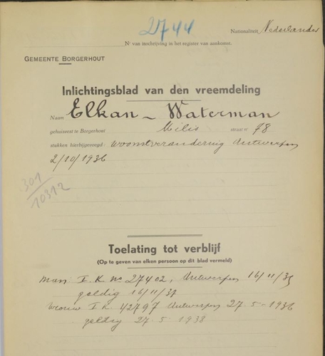 Toelating tot verblijf Elkan in Antwerpen, bron: Felixarchief  
