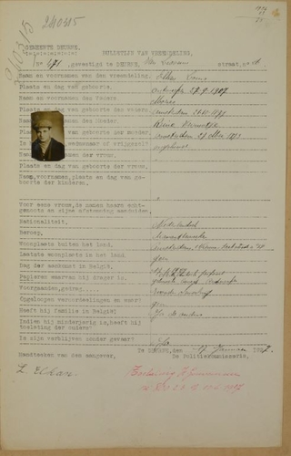 Inschrijving (januari 1927) in het vreemdelingenregister van Lodewijk (Louis) Elkan, bron: Felixarchief  
