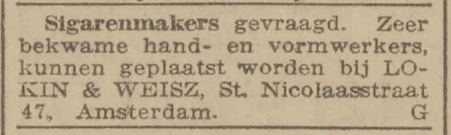 Advertentie voor Lokin en Weisz, sigarenmakers gevraagd, bron: De Courant van 29 mei 1911  