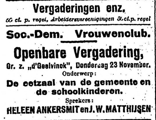 Advertentie over een bijeenkomst over de eetzalen voor schoolkinderen. Bron: Het Volk van 21 november 1916   