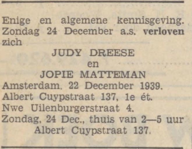 Aankondiging van de verloving van Joseph (Jopie) Matteman en Judith (Judy) Dreese, bron: Zaans Volksblad van 23 december 1939  