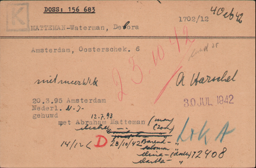 Joodse Raadkaart 1, van Debora Matteman Waterman, bron: Arolsen Archives  