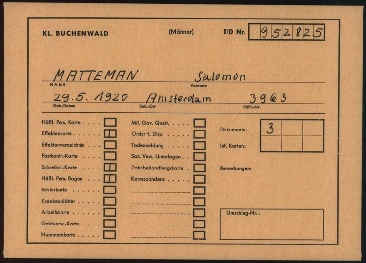 Salomon Matteman, registratiekaart KL Buchenwald, bron: Arolsen Archives  