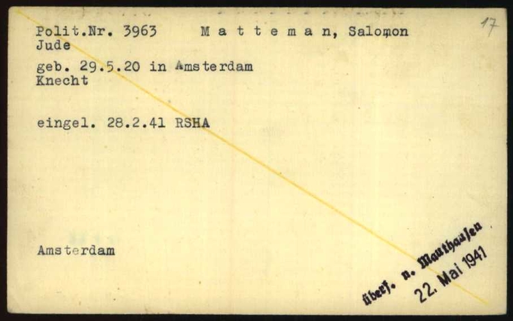 Salomon Matteman overdracht naar Mauthausen 22 mei 1941, bron: Arolsen Archives   