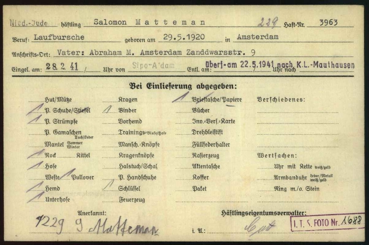 Salomon Matteman registratie bezittingen, Mauthausen: bron: Arolsen Archives  
