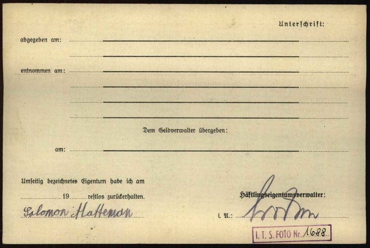 Salomon Matteman inventaris Mauthausen achterzijde met handtekening, bron: Arolsen Archives  