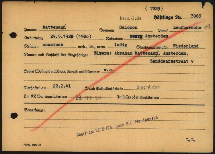 Salomon Matteman ‘nach K.L. Mauthausen’, bron: Arolsen Archives  
