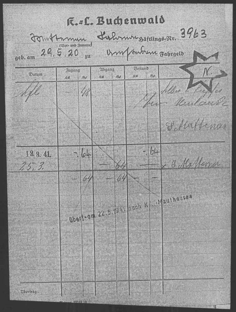Salomon Matteman informatie document Buchenwald, bron: Arolsen Archives  