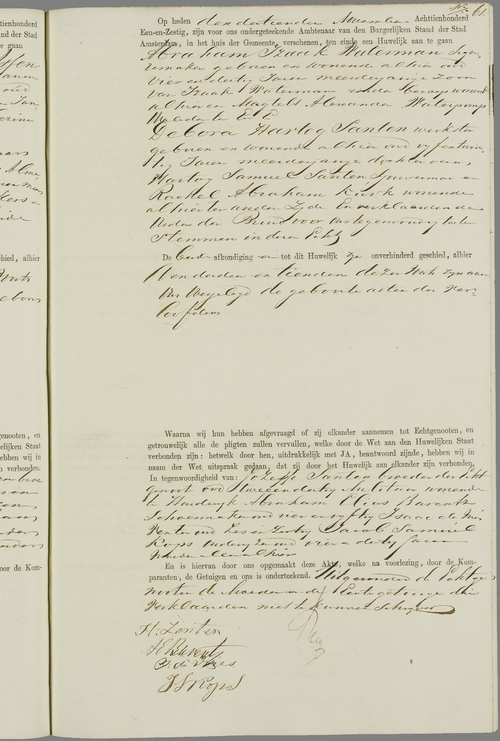 Huwelijksakte van Abraham Izaak Waterman en Debora Hartog Santen van 13 november 1861  